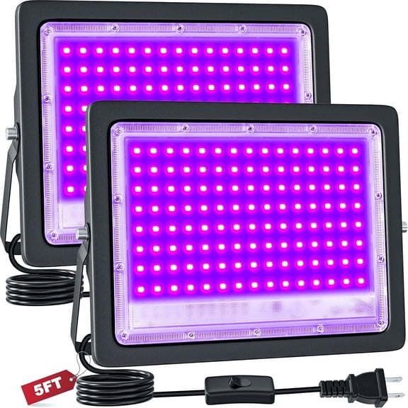 Indmird 2 pack 100W LED Black Lights, Blacklight Flood Light with US Plug and Switch, IP66 Waterproof Black Lights for Glow Party, Glow in The Dark, Halloween Light, Body Paint, Fluorescent Poster