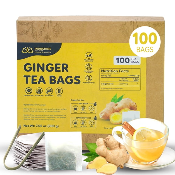 Indochine Blends Ginger Tea Bags | 2g x 100 Single Chamber Tea Bags with Bamboo Tongs | Sugar-Free, Caffeine-Free Herbal Tea | Rich in Natural Goodness and Flavor