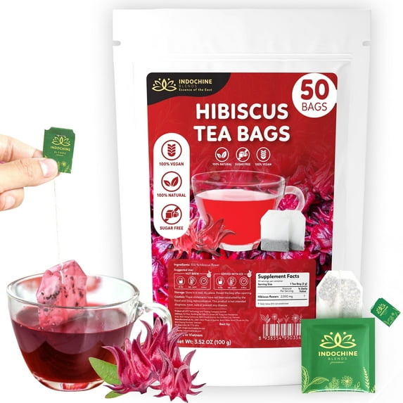 Indochine Blends Hibiscus Herbal Tea Bags | 100% Pure Hibiscus Flower | Sugar-Free, Caffeine-Free | Double Chamber, Individually Wrapped | 3.5 oz, 50 Bags