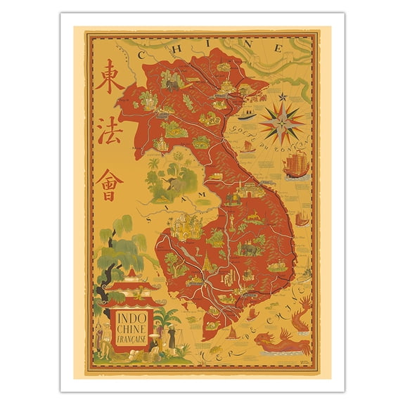 Indochine Française - French Indochina - Vietnam Cambodia Laos - Vintage Colored Cartographic Map by Lucien Boucher c.1938 - Bamboo Fine Art 290gsm Paper (Unframed) 12x16in