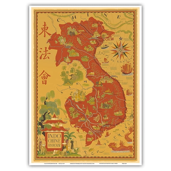 Indochine Française - French Indochina - Vietnam Cambodia Laos - Vintage Colored Cartographic Map by Lucien Boucher c.1938 - Master Art Print 10in x 14in