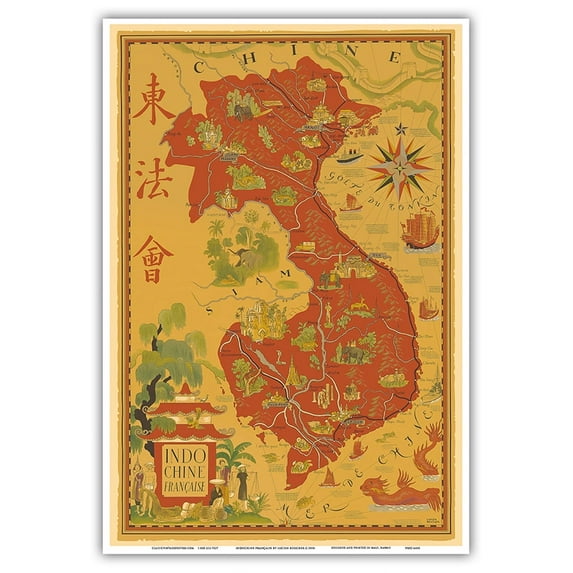 Indochine Française - French Indochina - Vietnam Cambodia Laos - Vintage Colored Cartographic Map by Lucien Boucher c.1938 - Master Art Print (Unframed) 13in x 19in