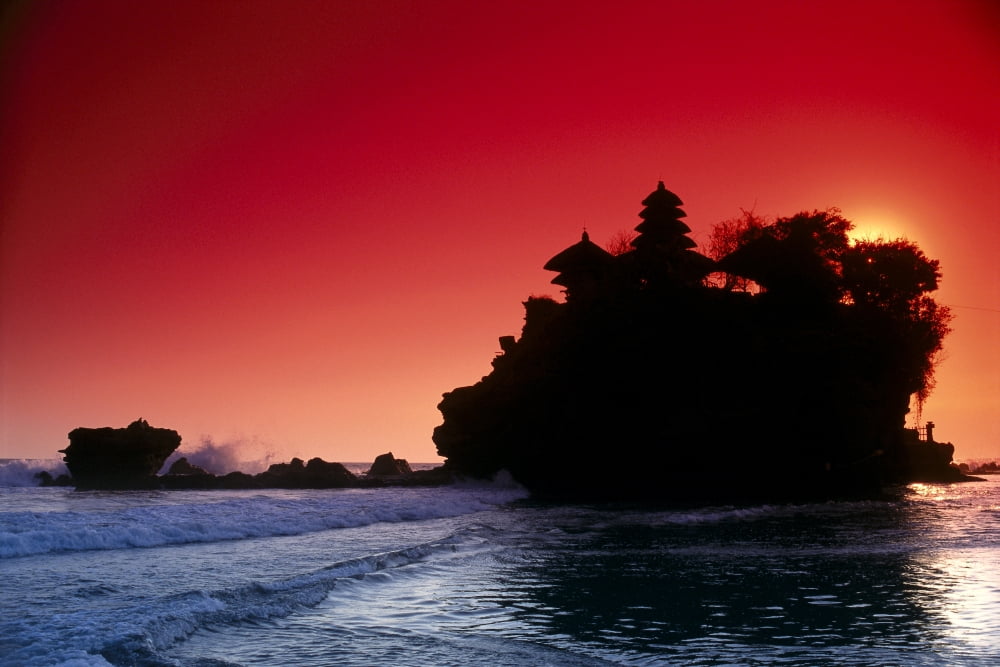 Indonesia Bali Tanah Lot Silhouetted By Dramatic Red Sunset Skies Canvas Art - Richard Maschmeyer Design Pics (38 x 24)