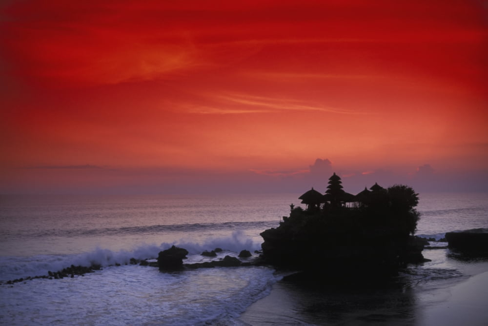 Indonesia Bali Taneh Lot Temple Silhouetted At Sunset Red Sky Canvas Art - Richard Maschmeyer Design Pics (17 x 11)