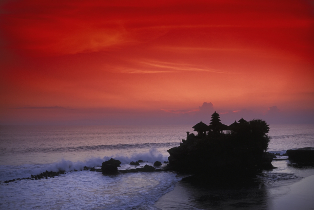 Indonesia Bali Taneh Lot Temple Silhouetted At Sunset Red Sky Canvas Art - Richard Maschmeyer Design Pics (34 x 22)