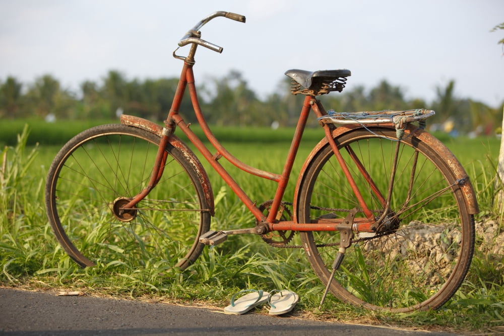 Indonesia Bali Ubud Vintage bike in front of rice fields Canvas Art - MakenaStockMedia Design Pics (36 x 24)