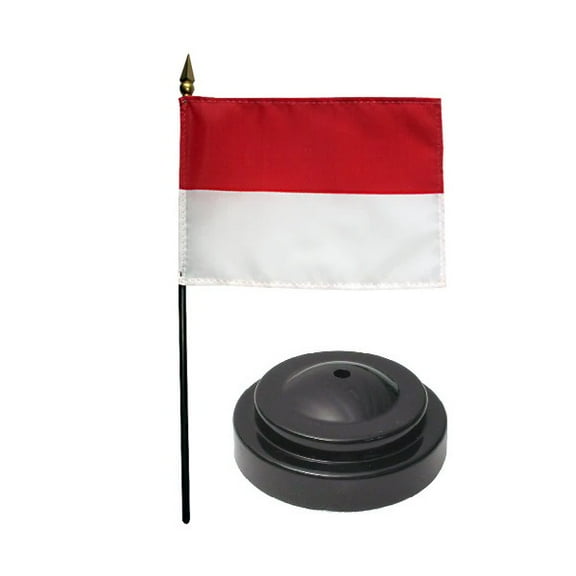 Indonesia Desk Flag with Base; American Made Rayon 4x6 inch Miniature Table Set Includes One Small Mini Country Stick Flags and One Black Stand (Indonesia Desk Flag and Base)