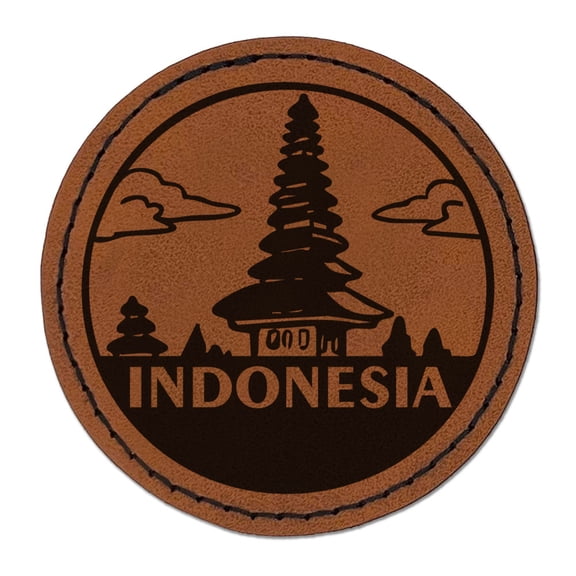 Indonesia Floating Temple Country Destination Travel Landmark Round Iron-On Engraved Faux Leather Patch Applique - 2.5 Inch - Brown