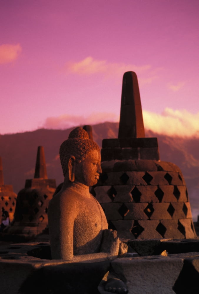 Indonesia Java Borobudor Temple And Buddha Statue At Sunrise Pink Misty Sky Canvas Art - Richard Maschmeyer Design Pics (22 x 34)