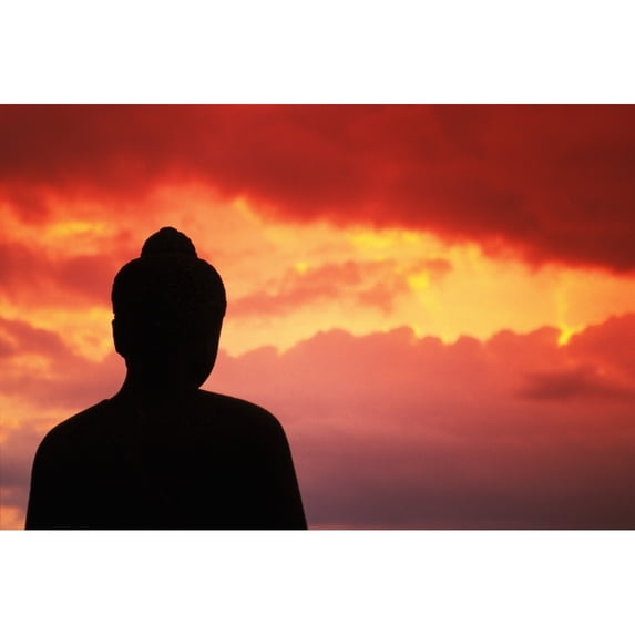 Indonesia Java Borobudur Temple Relic Buddhist Statue At Sunset Silhouetted By Pink Sky Poster Print