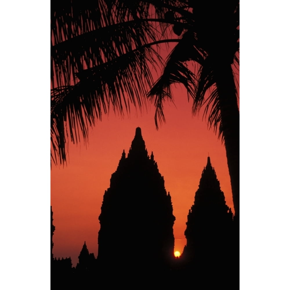 Indonesia, Java, Prambanan, Silhouette Of Temple At Sunset With Palm ...