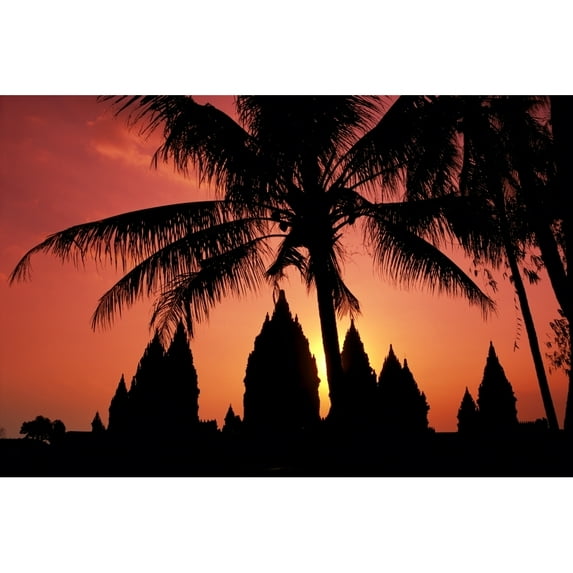 Indonesia, Java, View Of Palm Trees And Buildings Silhouetted At Sunset Poster Print (38 x 24)