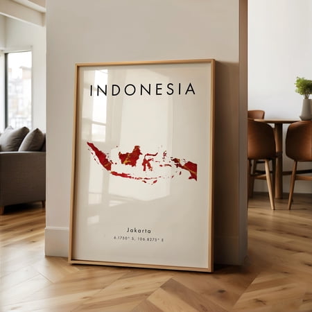 Indonesia Map PRINTED Poster Red and Gold Asia Wall Art Print Home Decor Geography Map Gift Wallpaper