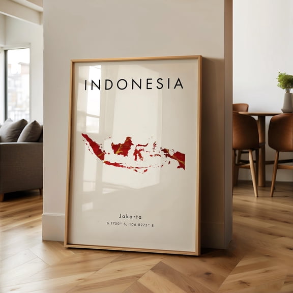 Indonesia Map PRINTED Poster Red and Gold Asia Wall Art Print Home Decor Geography Map Gift Wallpaper