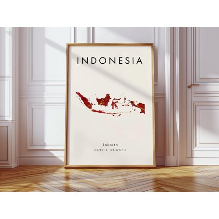 Indonesia Map Poster Red and Gold Asia Wall Art Print Home Decor Geography Map Gift Wallpaper