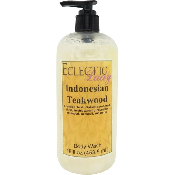 Indonesian Teakwood Body Wash by Eclectic Lady, Liquid Shower Gel for Women and Men, 16 Ounces