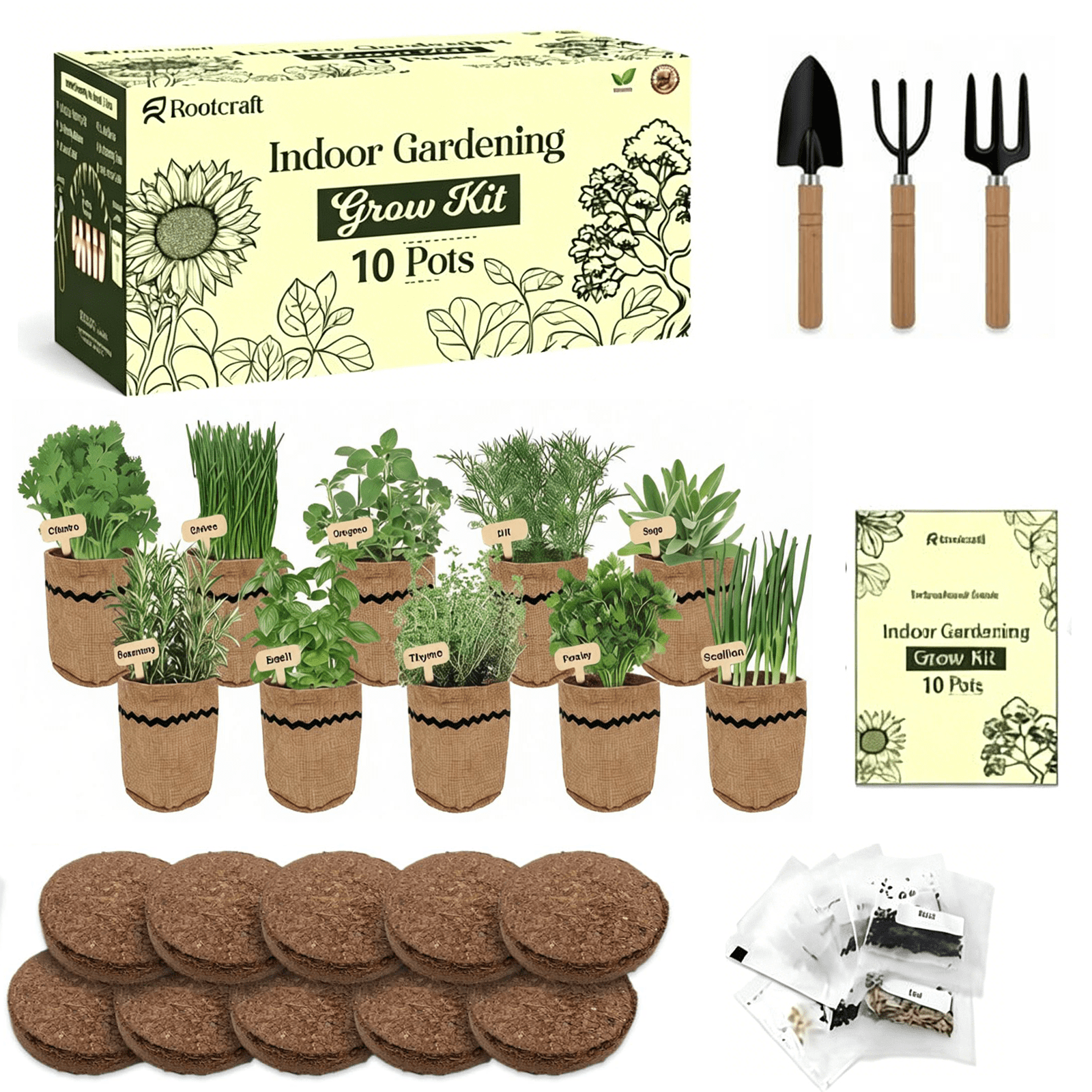 Indoor 10-Herb Garden Planter Kit – 44-Piece Complete Kitchen Herb Growing Starter Set with Burlap Pots, Plant Markers, Soil Discs and Gardening Tools, Gift for Women, Mom , Birthdays, Christmas