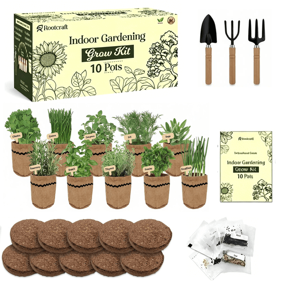 Indoor 10-Herb Garden Planter Kit – 44-Piece Complete Kitchen Herb Growing Starter Set with Burlap Pots, Plant Markers, Soil Discs and Gardening Tools, Gift for Women, Mom , Birthdays, Christmas