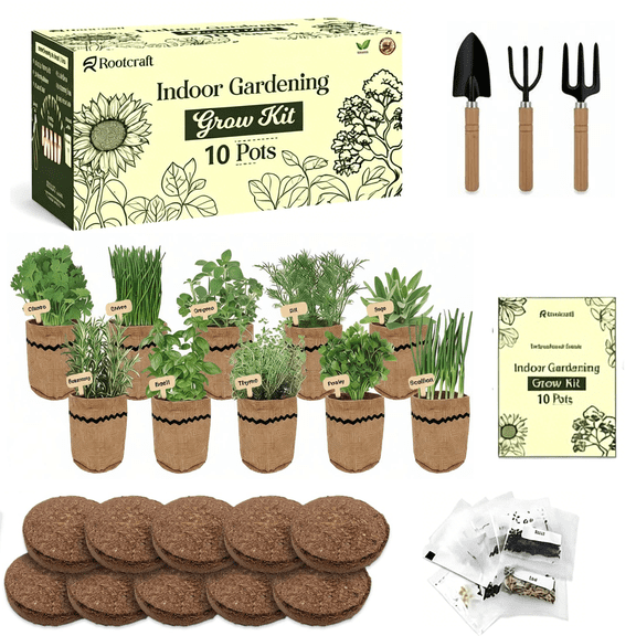 Indoor 10-Herb Garden Planter Kit 44-Piece Complete Kitchen Herb Growing Starter Set with Burlap Pots, Plant Markers, Soil Discs and Gardening Tools, Gift for Women, Mom , Birthdays, Christmas