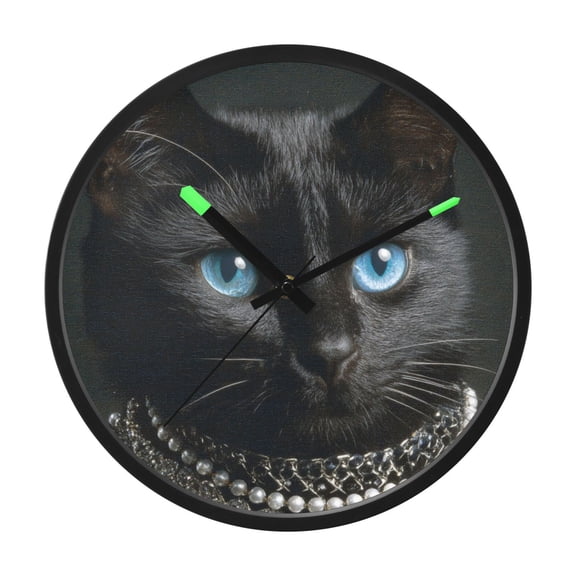 Indoor 12' Voice-Activated Luminous Decoration Wall Clock With LED Night Light Black Cat with Blue Eyes