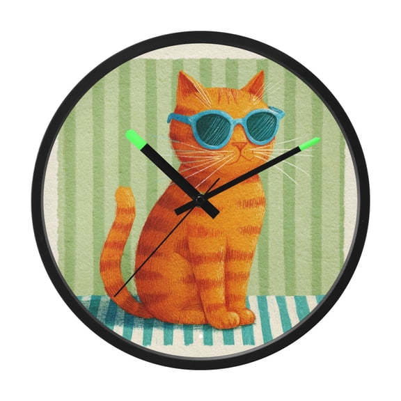 Indoor 12' Voice-Activated Luminous Decoration Wall Clock With LED Night Light Cat Wearing Cute Glasses