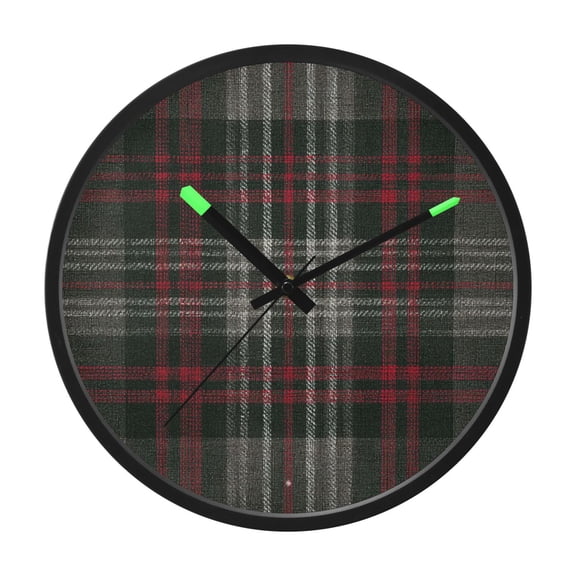Indoor 12' Voice-Activated Luminous Decoration Wall Clock With LED Night Light Dark Green&red Tartan Pattern