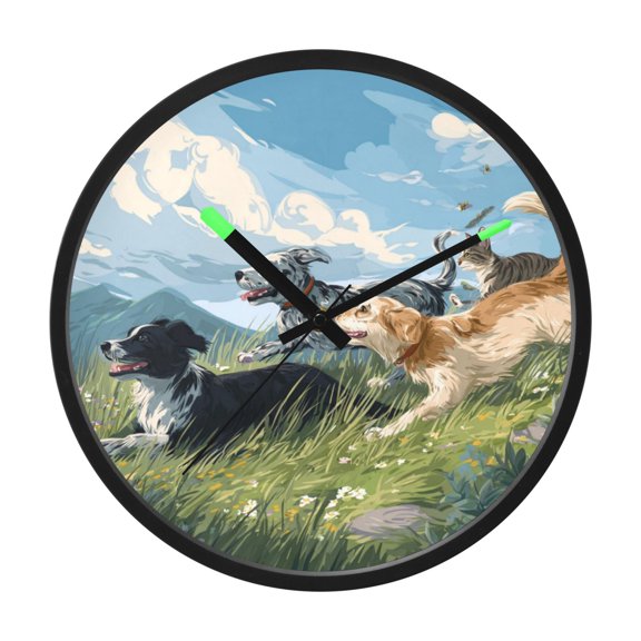 Indoor 12' Voice-Activated Luminous Decoration Wall Clock With LED Night Light Dogs and Cats Runing Together