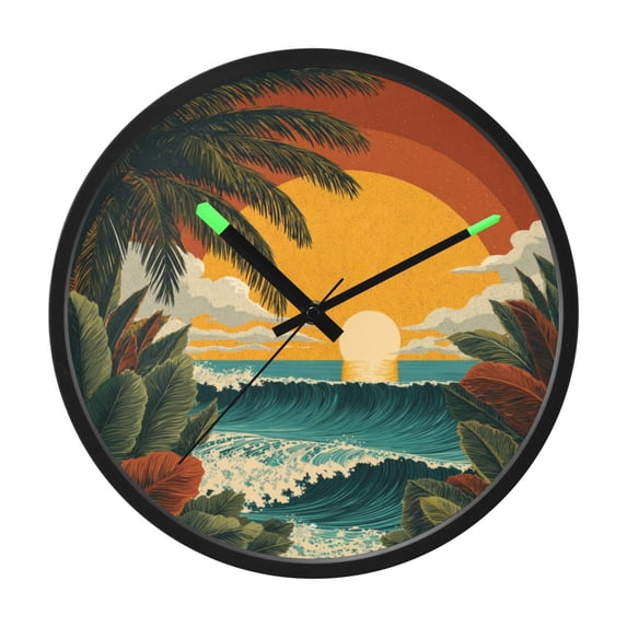 Indoor 12' Voice-Activated Luminous Decoration Wall Clock With LED Night Light Sunset and The Palm Trees