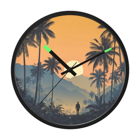 Indoor 12' Voice-Activated Luminous Decoration Wall Clock With LED Night Light Sunset and The Palm Trees