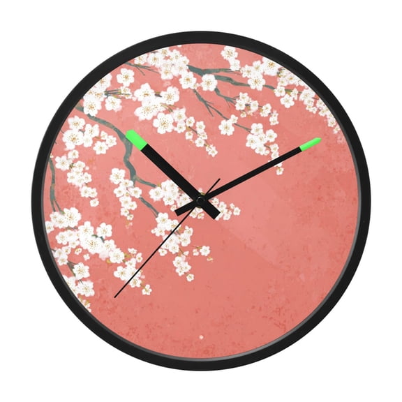 Indoor 12' Voice-Activated Luminous Decoration Wall Clock With LED Night Light White Cherry Blossoms