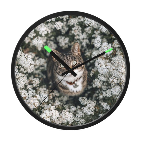 Indoor 12' Voice-Activated Luminous Decoration Wall Clock With LED Night Light White Flowers Around The Cat