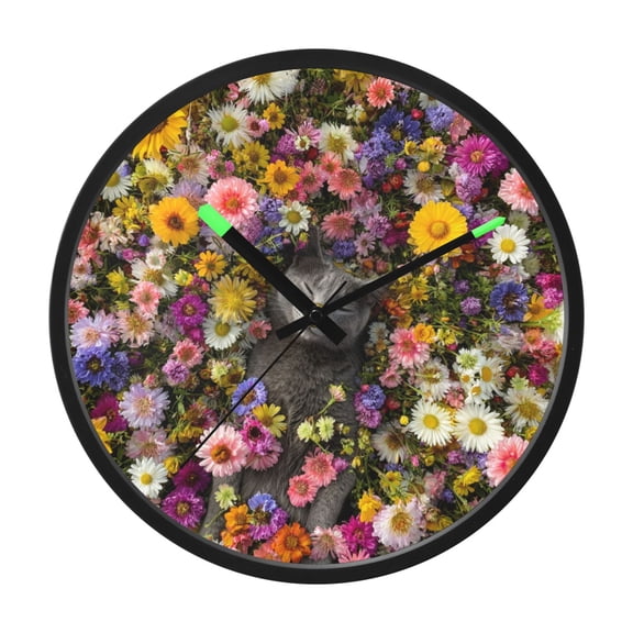 Indoor 12' Voice-Activated Luminous Decoration Wall Clock With LED Night Light Wildflowers with Cat
