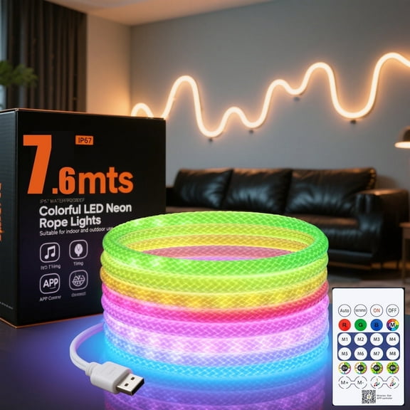 Indoor 25FT USB Powered 360 Degree Luminous Music Sync LED Rope Light