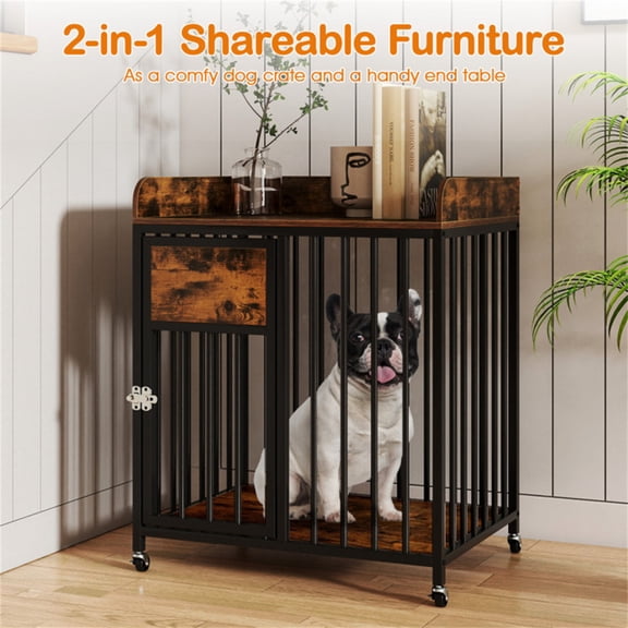Indoor 2 in 1 Pet Kennel Furniture with Thickened Metal Frame Lockable Rolling Wheels Dog Crate Coffee Table for Small Dogs Rustic Brown and Black Finish