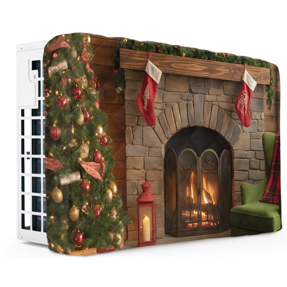 Indoor Air Conditioner Cover, Christmas Window AC Unit Cover Double Insulation with Drawstring, Winter Fireplace Wreath Modern Xmas Scenery Waterproof Air Conditioner Covers for Inside 28Lx20Hx3.5D
