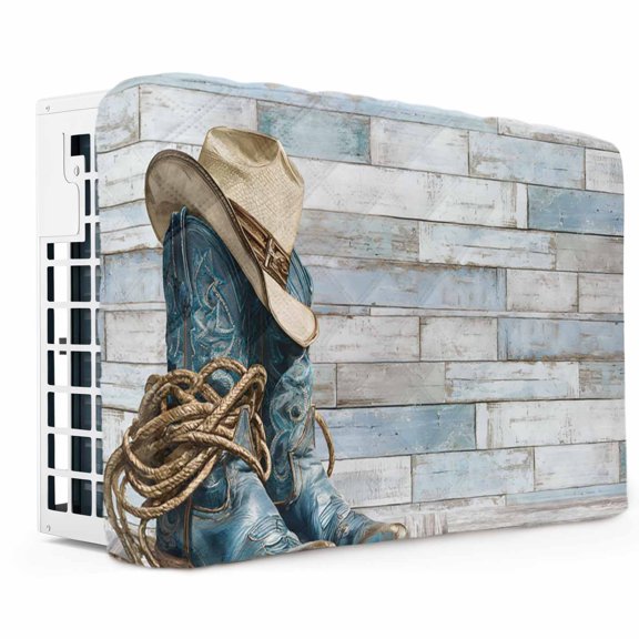 Indoor Air Conditioner Cover, Western Cowboy Boots Window AC Unit Cover Double Insulation with Drawstring, Vintage Country Blue Wooden Waterproof Air Conditioner Covers for Inside 17Lx13Hx3.5D