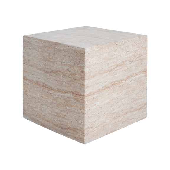 Indoor And Outdoor 1-Piece Cube Accent Table Lightweight Concrete With Travertine Finish For Living Room Patio Garden