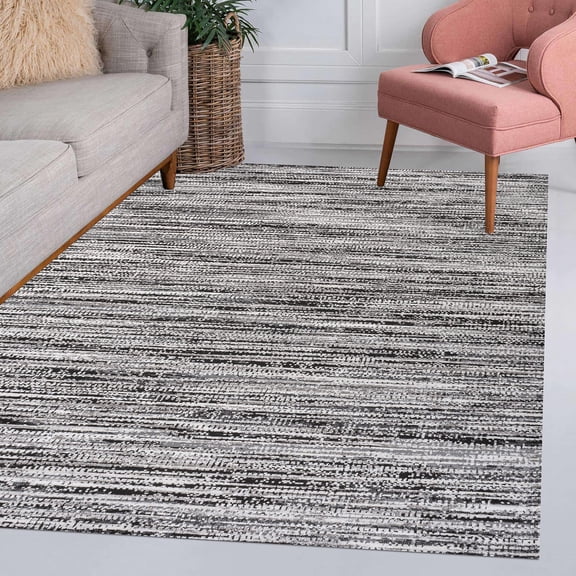 Indoor Area Rug, Solid & Striped, Transitional, Traditional, Bedroom, Kitchen, Living Room, Easy-Cleaning, Non-Shedding, Black/Gray