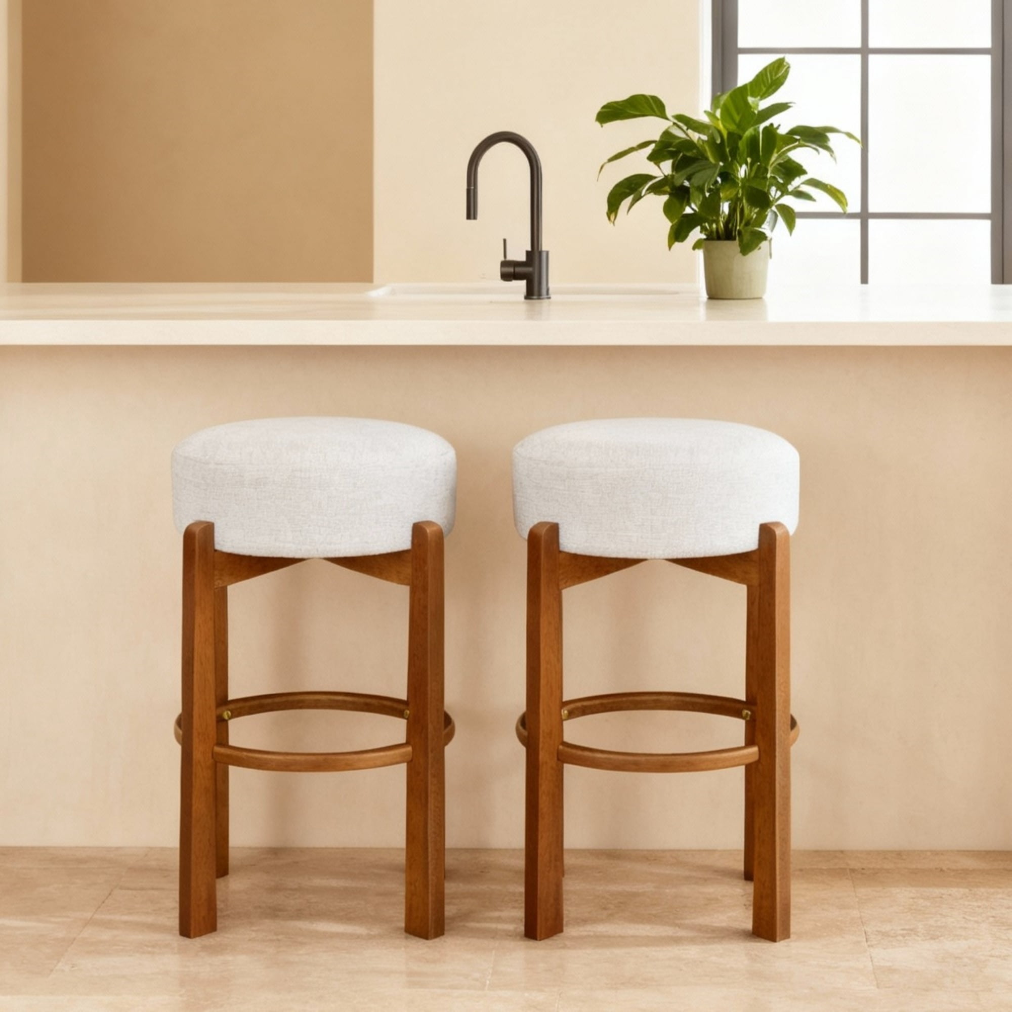 Indoor Barstools Set of 2, Wooden Stool with Walnut Frame and Ivory Upholstered Seat, Counter Height Bar Chairs for Kitchen and Home Bar, Walnut