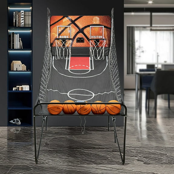 Indoor Basketball Arcade Game Double Hoops 2 Player  Electronic Scoring with 8 Game Modes, LED Display, 5 Basketballs + Inflator Included, Foldable Design (43.7"x78.8"x81.5")