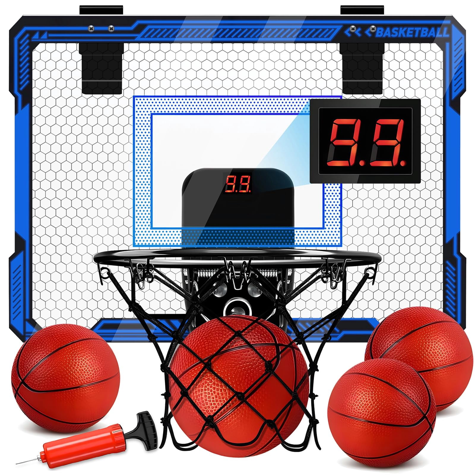 Indoor Basketball Hoop For - Over The Door Mini With Led Light & Scoreboard  Includes 3 Balls Air Pump Toys Gifts 4-12 Year Old (blue)