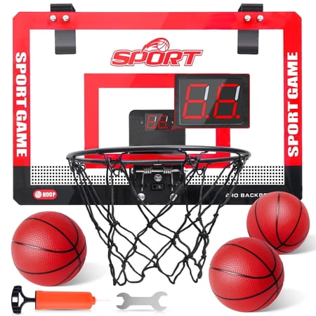 Indoor Basketball Hoop Goal with Electronic Scoring Board Over the Door Wall Mounted Indoor Outdoor Basketball Hoop for Kids & Adults