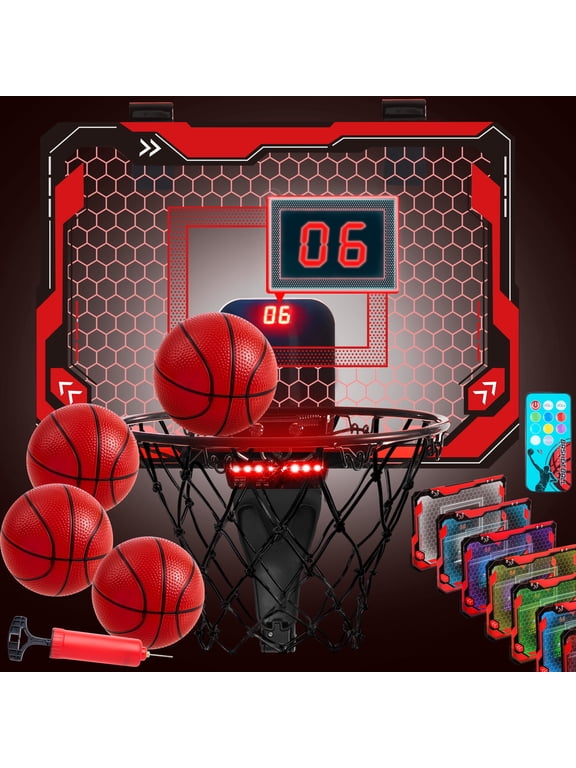 Basketball Hoop Indoor for Teen Boy, 15.1" x 11" Indoor LED Electronic Scoreboard Basketball Hoop Over The Door with 4 Balls,Basketball Game Toys Birthday Gifts for Kids Teen Boy Adult,Red