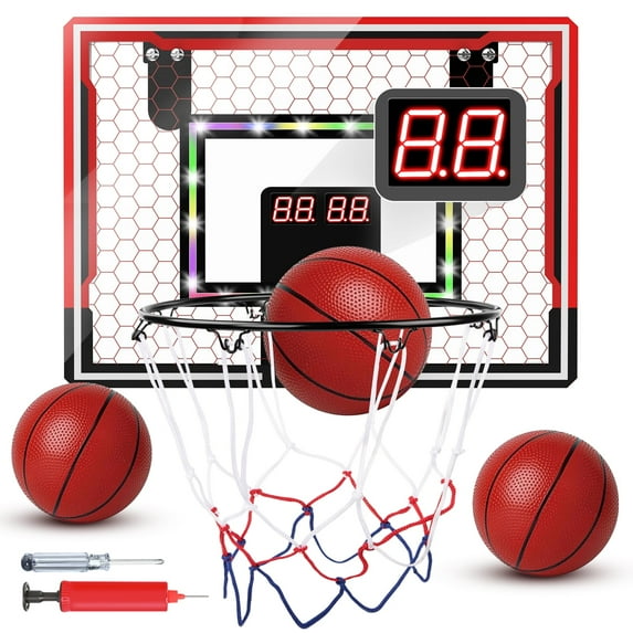 Indoor Basketball Hoop for Kids with Led Light, Over The Door Basketball Hoop with 3 Balls & Scoreboard with Countdown- Sports Gifts for Boys, Basketball Accessories Toys for Ages 6 7 8 9 10 11+