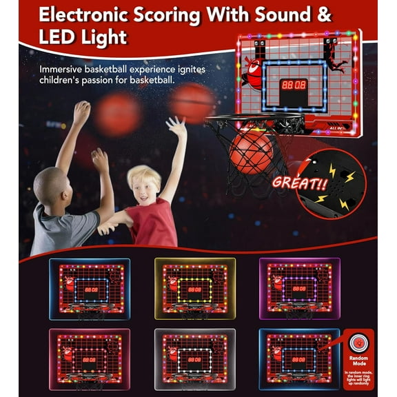 Indoor Basketball Hoop for Kids | Over The Door Basketball Set with LED Lights & Remote Control | Best Gift for Boys & Girls Aged 3-12