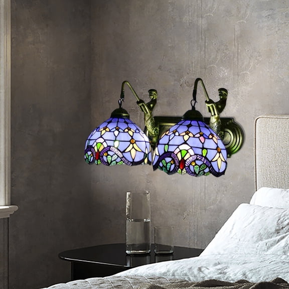 Indoor Bathroom Vanity 2 Light Fixture Retro Stained Glass Wall Lighting