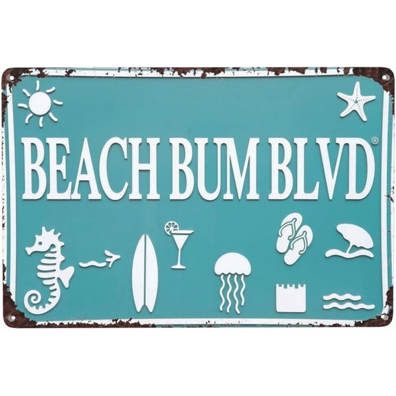 Indoor Beach Bum BLVD Vintage Rustic Lake Beach metal tin sign 8x12 inch decorative wall decor with vintage style for bar, garage, cabin and home spaces