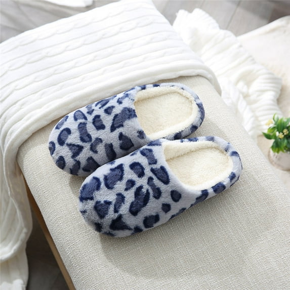 Indoor Bedroom Women Men Couples Floor Shoes Winter Household Fur Slippers Leopard Print Non-Slip Soft Warm House Slides (Blue,42-43)