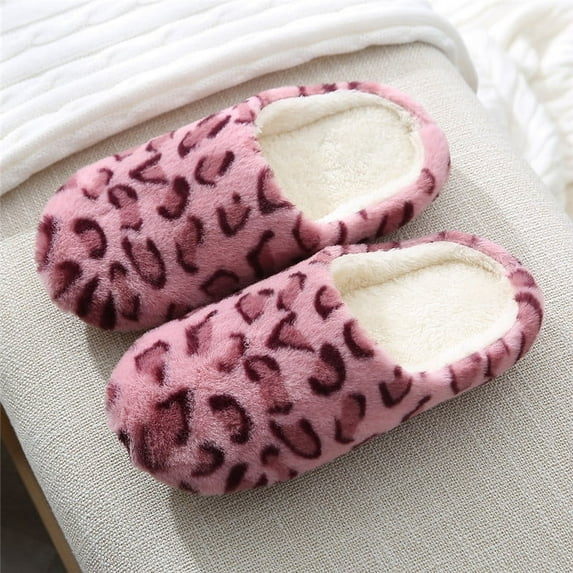 Indoor Bedroom Women Men Couples Floor Shoes Winter Household Fur Slippers Leopard Print Non-Slip Soft Warm House Slides (Pink,36-37)