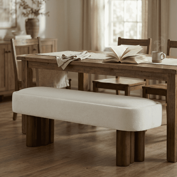 Indoor Beige Fabric Dining Bench with Walnut Color Legs, 51.57'L Upholstered Seating for Kitchen, Dining Room and Living Space,250lbs Capacity